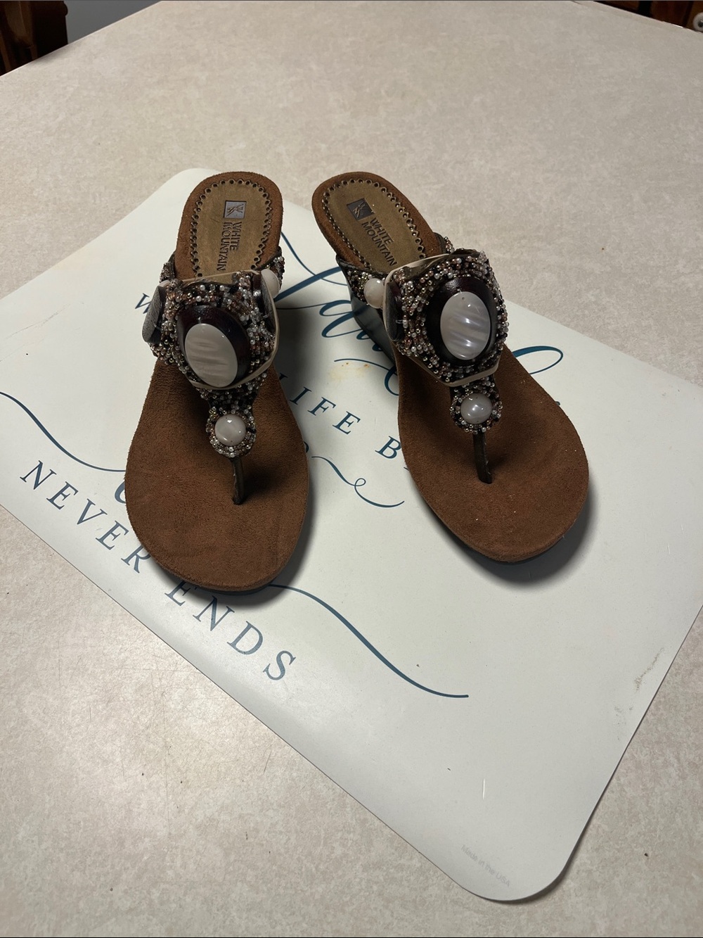 White Mountain Brown Beaded Thong Sandals with White Stone Accents